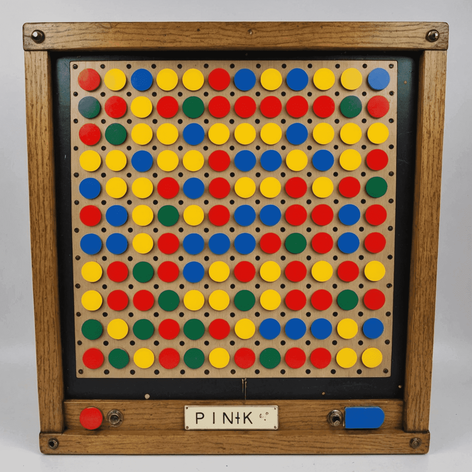 Een vintage Plinko spelbord uit de jaren 70, gemaakt van hout met metalen pinnen en gekleurde vakken aan de onderkant.