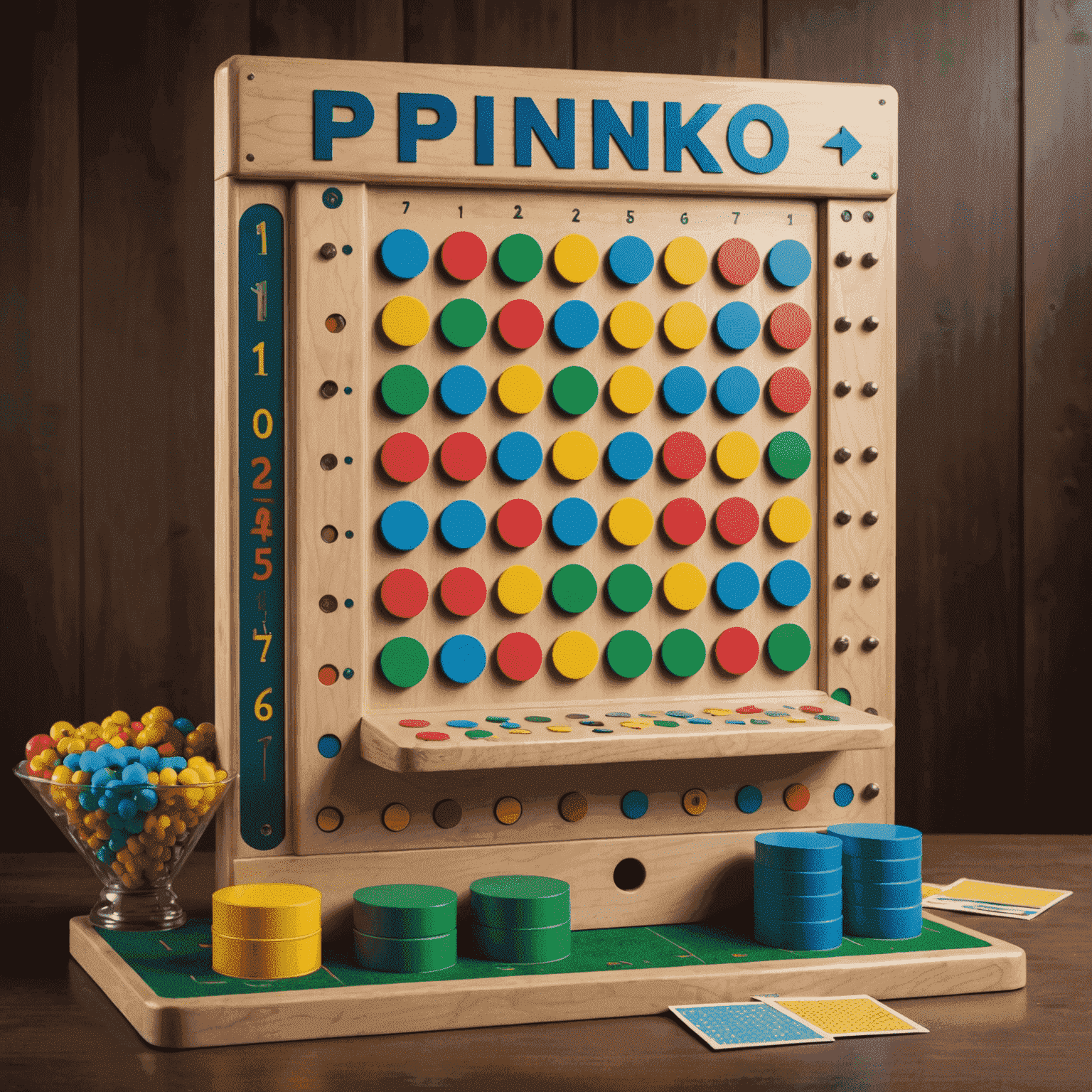 Afbeelding van een Plinko spelbord met schijven en prijzen