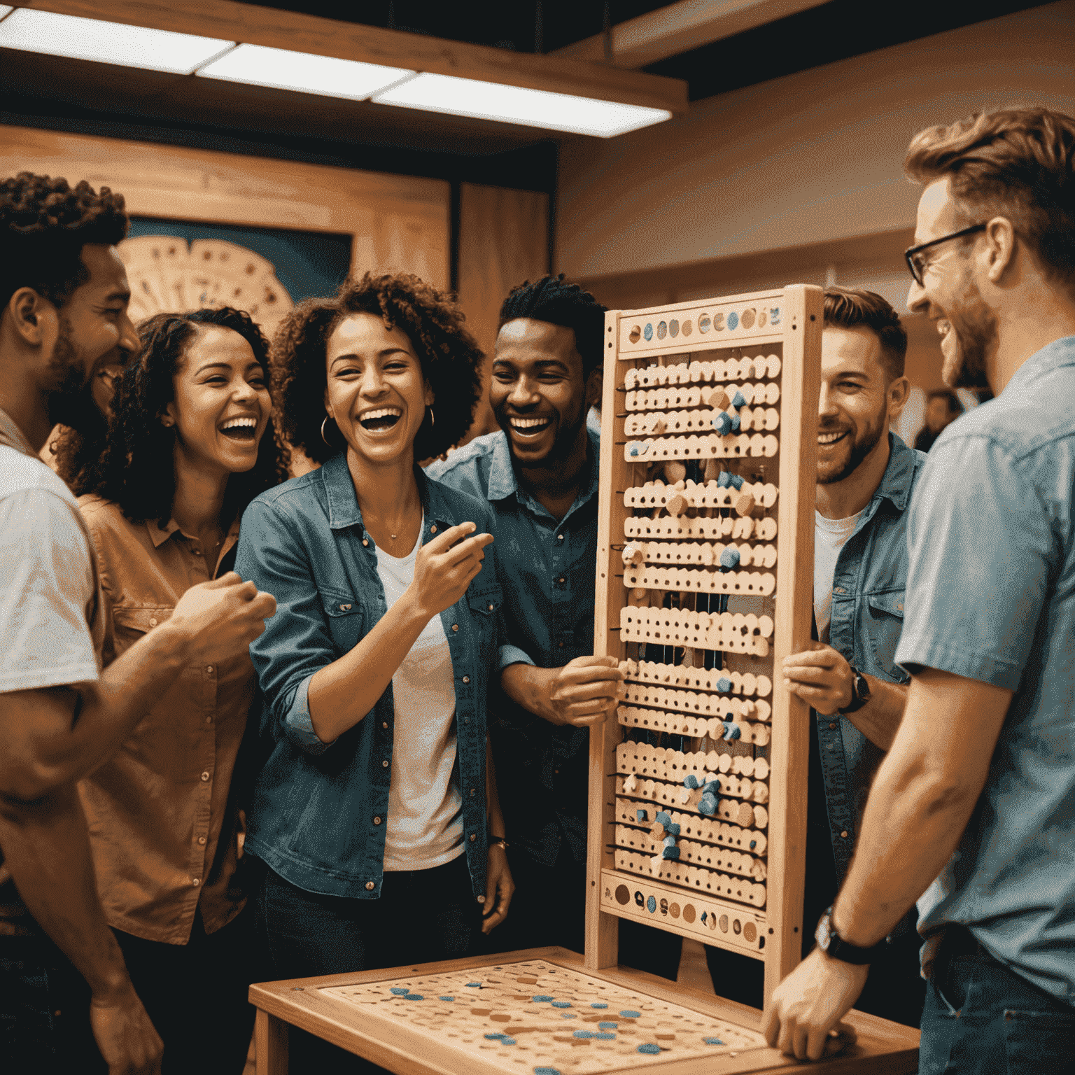 Diverse groep mensen van verschillende nationaliteiten die samen Plinko spelen, lachend en plezier makend