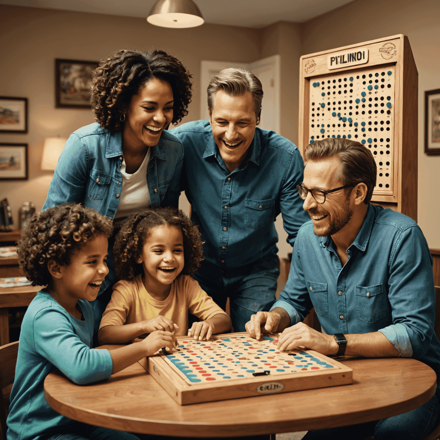 Een familie speelt samen Plinko aan een tafel, lachend en genietend van het spel