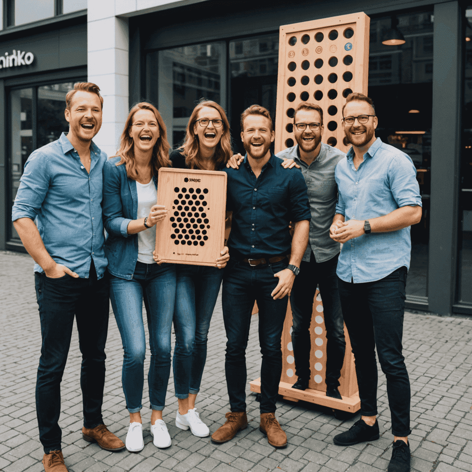 Een foto van het SteakeaBase-team dat lacht en een Plinko-bord vasthoudt, genomen buiten het SteakeaBase-kantoor in Nederland