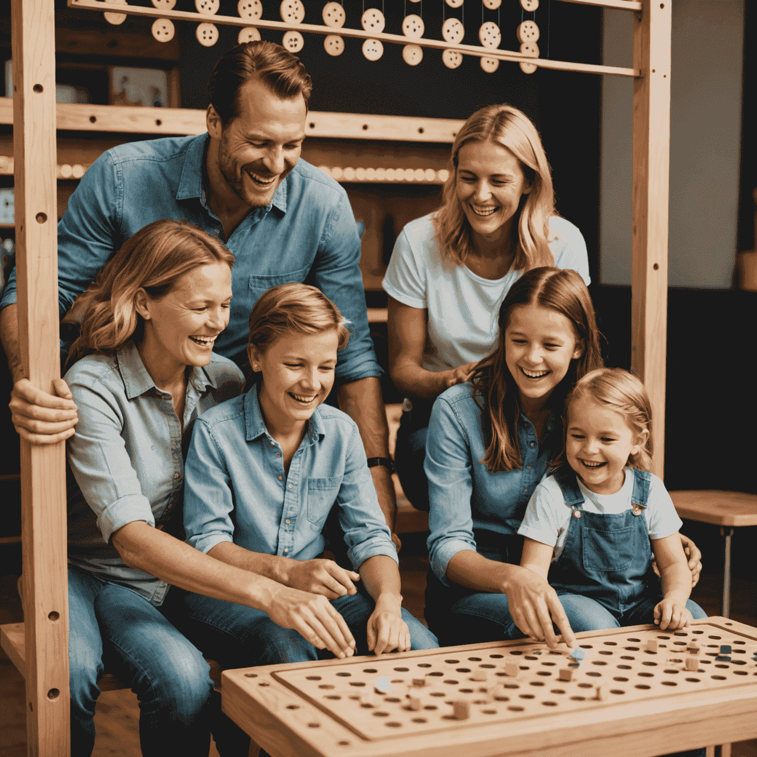 Nederlandse familie van vier zittend rond een Plinko-bord, lachend en het spel spelend