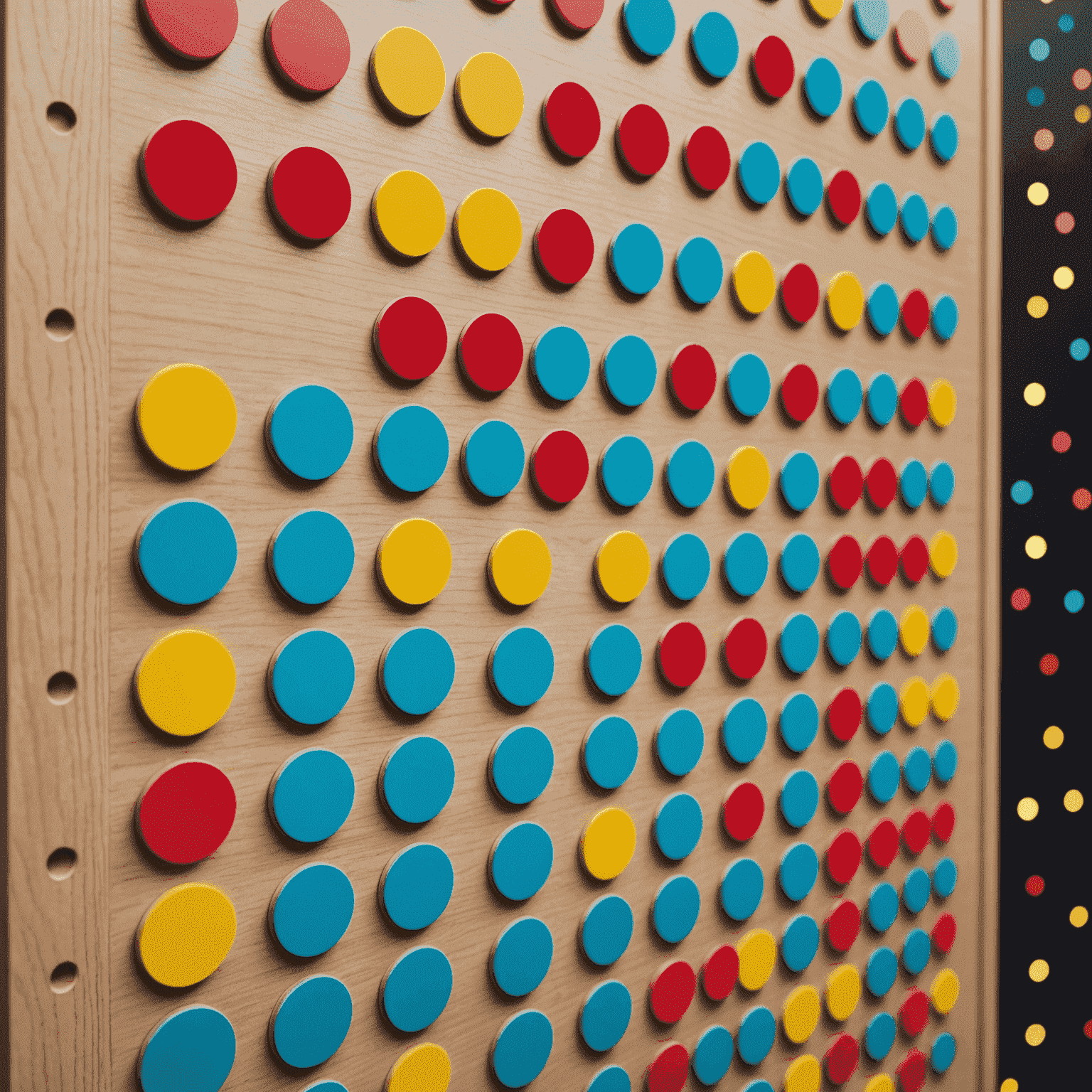 Close-up van een Plinko bord met gekleurde schijven die tussen de pinnen door naar beneden vallen